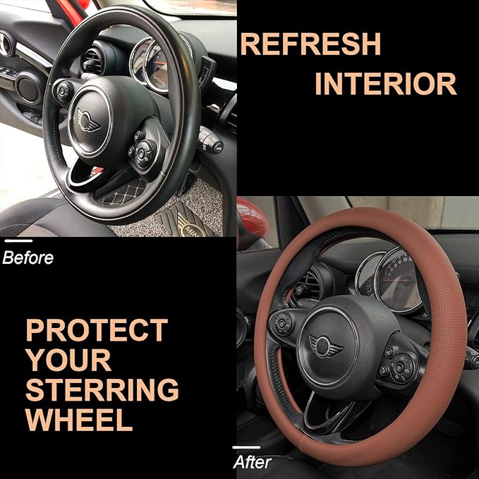 PINCTROT Large Size Nappa Leather Steering Wheel Cover, Slim Fit No Bulk Design, One Piece Leather with Breathable Perforation, Fit Like Gloves, 15.5-15.75 Inch(Nappa Brown)