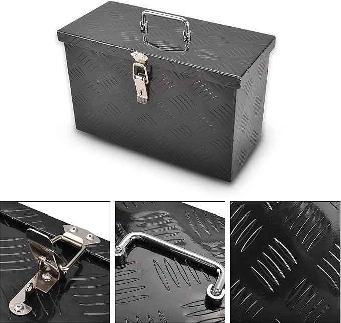 16 Inch Black Aluminum Tool Box 5 Bar Tread ToolBox for Truck Bed Car Outdoor Trailer Pickup Underbody RV ATV Storage Underbed Tools Organizer with Top Side Handle and Lock (16"X7.5"X10")