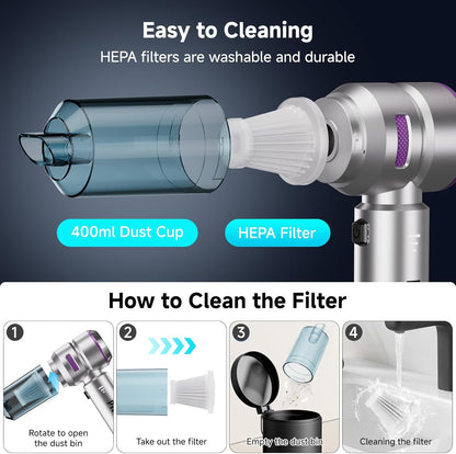 Handheld Vacuum Cordless, Car Vacuum Cleaner with Brushless Motor, Strong Suction Vacuum & Compressed Air Dusters with LED Light, Type C Port, Wireless Mini Portable Hand Vacuum Blower for Home, Pet