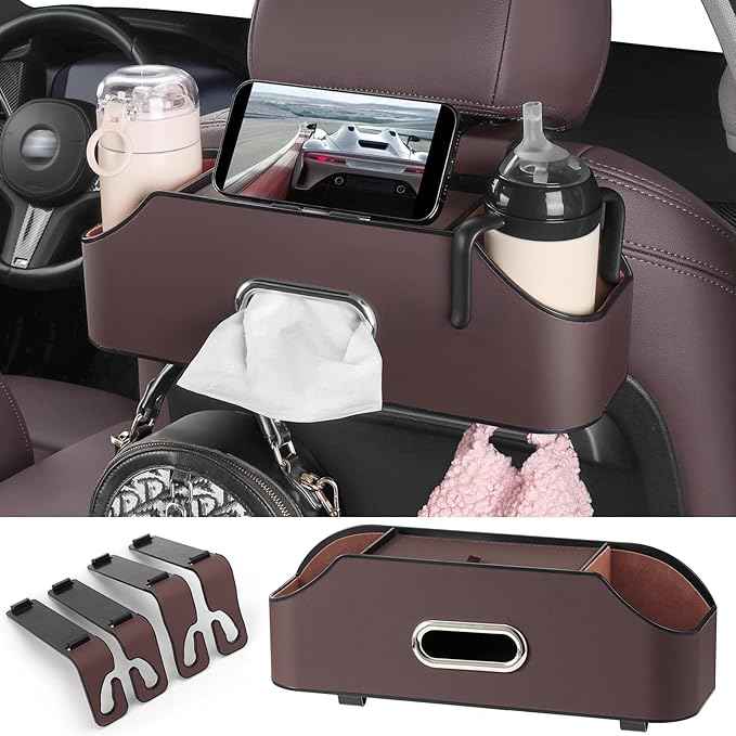 Car Rear Backseat Extra Multifunctional Drink Cup Holder Organizers with Tissue Storage Box Organizer & Hooks for Car Seat Back (Brown)