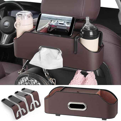 Car Rear Backseat Extra Multifunctional Drink Cup Holder Organizers with Tissue Storage Box Organizer & Hooks for Car Seat Back (Brown)