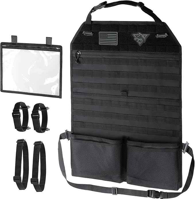 WYNEX Car Seat Organizer, Molle Backseat Cover Organizer Protector with Sling Rack, Visual Pocket and Patch, Universal Vehicle Fits for F150, Jeeps, Pickups & Trucks for Road Trips