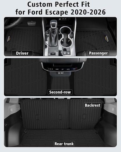 Floor Mats Custom for Ford Escape 2020-2025 2026 Trunk Mat with Backrest Mat (NOT for Hybrid) All Weather TPE Full Set Liners Cargo Protector & Door Sill Guards for Escape Accessories, Black