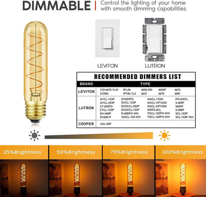Leools Vintage T10 LED Edison Light Bulb Super Thin Filament, 40 Watt Warm Light Vanity Night Amber Bulbs, Dimmable Tubular Incandescent E26 LED Edison Bulb 40W Warm Warm 2200K, 6 Pack