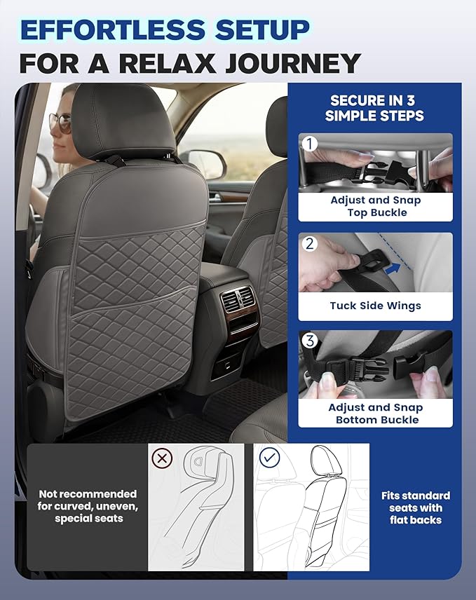 Seat Back Protectors for Kids, Car Kick Mats for Back of Front Seats with Large Pocket Organizer, Waterproof, Protects Against Dirt, Scuffs & Scratches, Fits Most Vehicles, 2PCS (Gray)