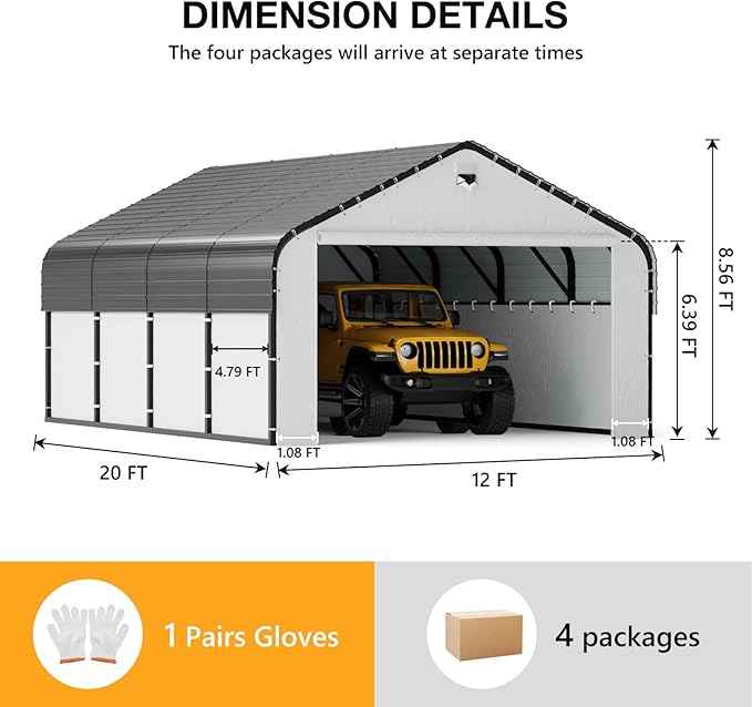 12x20 Metal Carport with Removable Sidewalls, Heavy Duty Car Carport Canopy, 100MPH Wind Resistance for Cars, Boats, Trucks, Outdoor Parties
