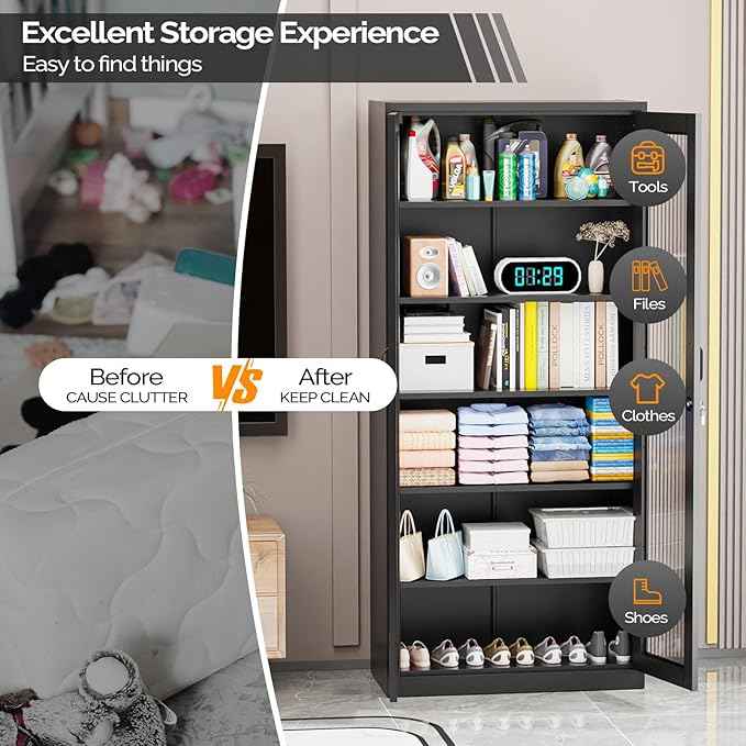 VINGLI Lockable Display Cabinet with Glass Doors & 5 Adjustable Shelves, 71" Tall Black Metal Storage Cabinet Curio Liquor, Bookshelf Bookcase for Home Office Living Room Pantry Garage