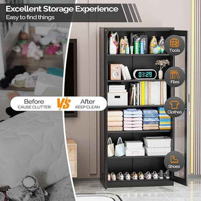 VINGLI Lockable Display Cabinet with Glass Doors & 5 Adjustable Shelves, 71" Tall Black Metal Storage Cabinet Curio Liquor, Bookshelf Bookcase for Home Office Living Room Pantry Garage