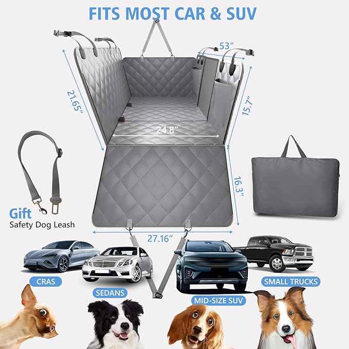 Back Seat Extender for Dogs, Hard Bottom Dog Car Seat Cover for Back Seat, Backseat Extender for Dogs Supports 420lbs, Waterproof Dog Hammock for Car, SUV, Truck Grey