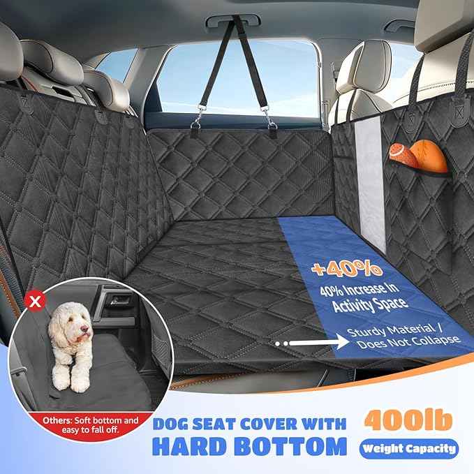 Nobleza Dog Car Seat Cover for Large Dogs, Hard Bottom Waterproof Backseat Extender with Mesh Window & Pocket, 400lbs Heavy Duty Anti-Scratch Non-Slip Pet Hammock for SUV Truck Cars