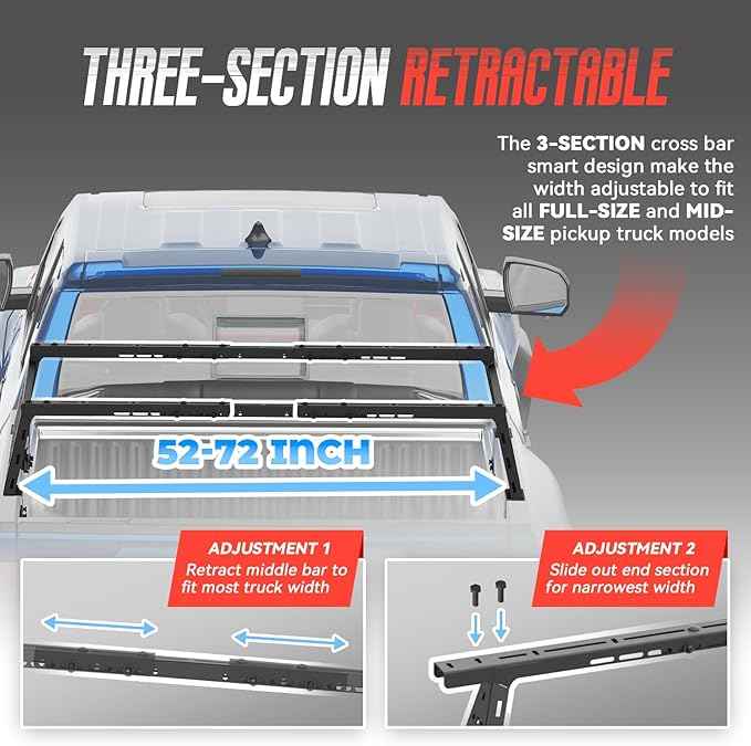 Truck Bed Adjustable Cross Bars, Wide Width Adjustment for All Pickup Trucks, No-Drills Needed Installation (Not for Any Bed Cover), 95033C