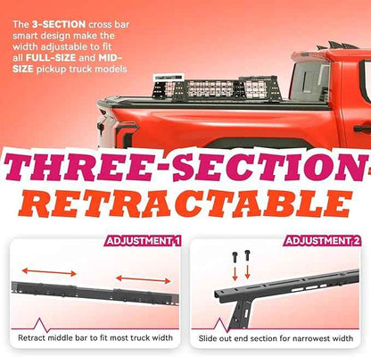 Truck Bed Adjustable Cross Bars with Molle Panels for T-Slot Retract Cover, Wide Width Adjustment for All Pickup Trucks, 95031A