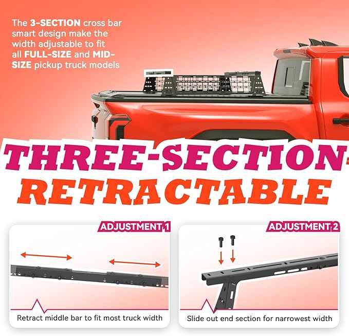 Truck Bed Adjustable Cross Bars with Molle Panels for T-Slot Retract Cover, Wide Width Adjustment for All Pickup Trucks, 95031A