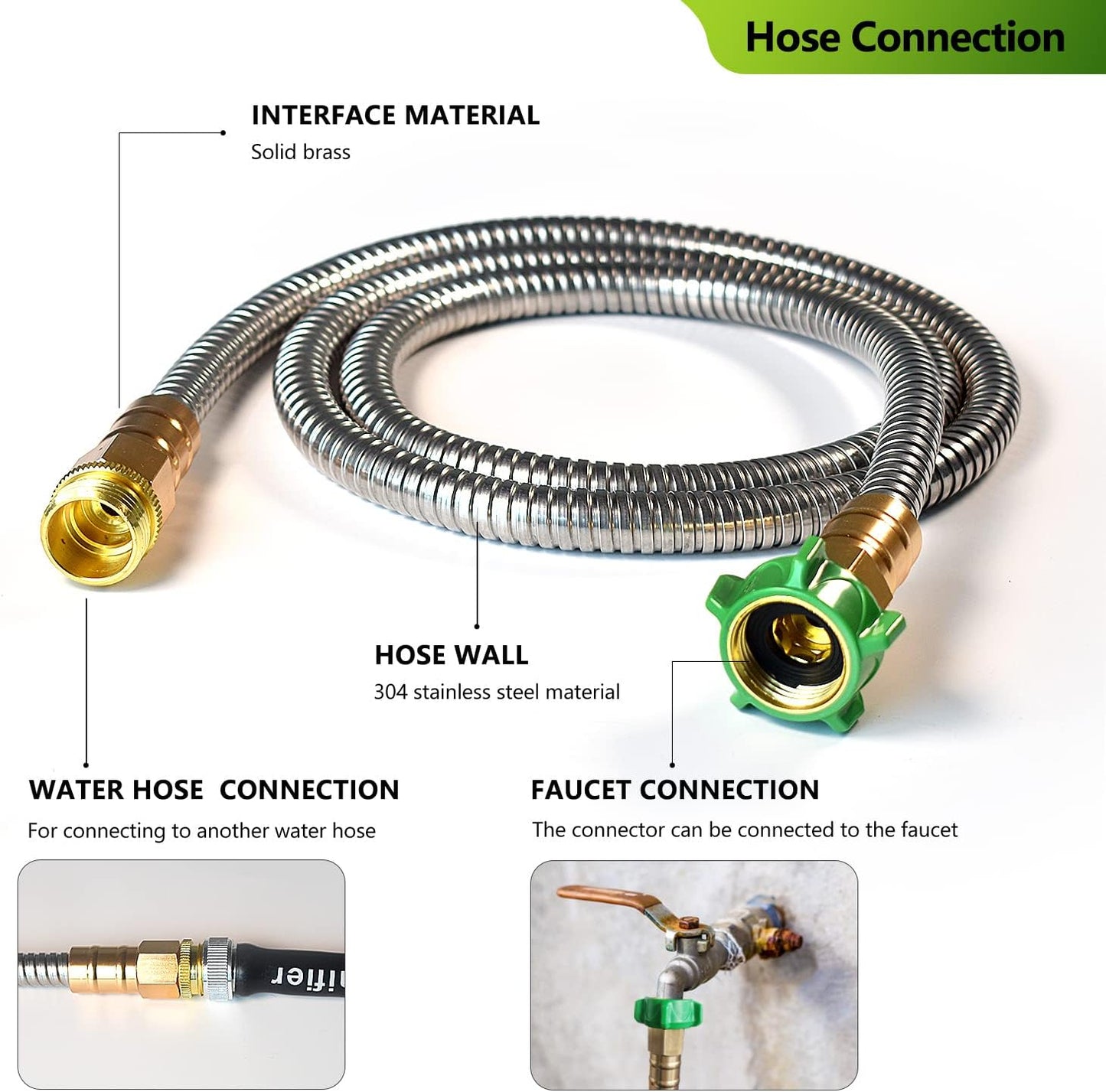 Metal Short Garden Hose 3 ft, Stainless Steel Hose Leader, Small Water Hose Extension, Lightweight Hose Extender for Outdoor (3FT)