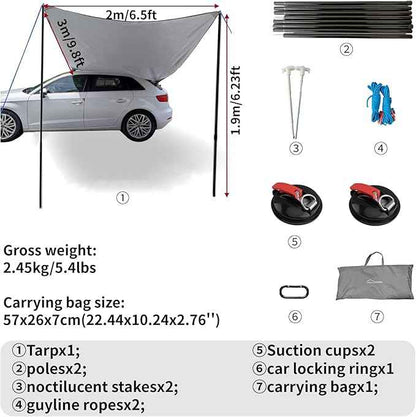 DANCHEL OUTDOOR Portable Suction Cups Car Rear/Side Awning Overland Camping, Needn't Roof Rack Mounting, Waterproof Vehicle Camper Awning Tarp for SUV Truck, 6.5ftx9.8ft Gray
