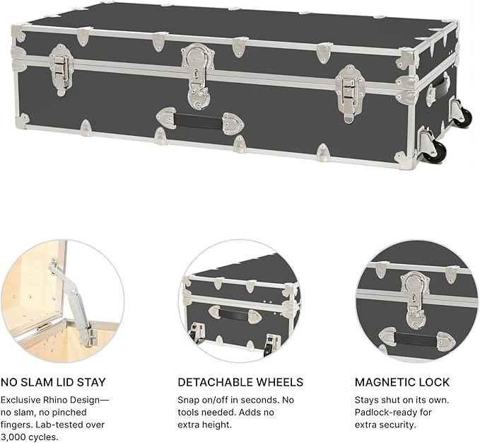 Rhino Trunk & Case Trundle Home Storage & College Trunk With Wheels - 44”x20”x12” - 1500+ lbs Capacity. USA Made Secure Under-Dorm Bed Footlocker for Clothes and Food, and Underbed Shoe Storage Box