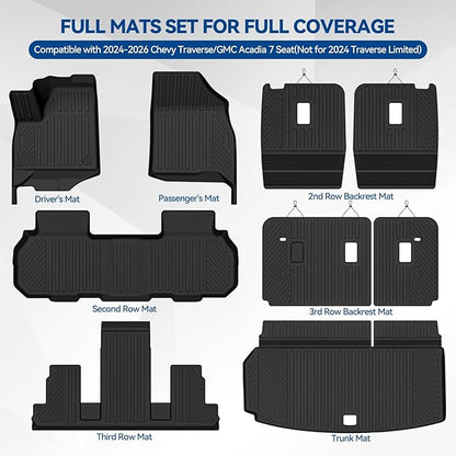 Custom Fit Floor Mats for 2024-2026 Chevy Traverse/GMC Acadia 7 Seat(Not for 2024 Traverse Limited), All Weather TPE Floor Liners with Trunk Mat & Backrest Protectors, Interior Accessories