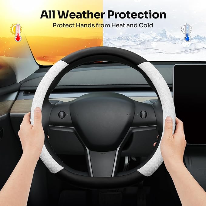 Steering Wheel Cover for 2016-2026 Telsa Model 3/Model Y Accessories (Fit New Model Y Juniper/Model 3 Highland), Leather Steering Wheel Cover Protector Anti-Slip, Comfortable Grip, Breathable