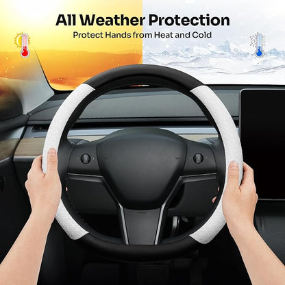 Steering Wheel Cover for 2016-2026 Telsa Model 3/Model Y Accessories (Fit New Model Y Juniper/Model 3 Highland), Leather Steering Wheel Cover Protector Anti-Slip, Comfortable Grip, Breathable