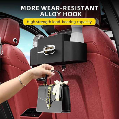 Back Seat Car Organizer with one Towel Leather wood materials Car Back Seat Storage Box 2 Drink Cup Holder Tissue Box for Hold Phone Drinks Handbag Compatible with Most Vehicles (Black)