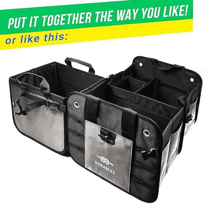 3-Section Modular Trunk Organizer XL – Car Storage for Groceries, Cleaning Supplies, Tools, Sports Gear – Foldable L-Shape Cargo Bin – Gray