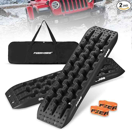 FieryRed Traction Boards Offroad, Recovery Boards with 2 Leashes and Carry Bag, 2Pcs Traction Mat Recovery Tracks for Sand Mud Snow Track Tire Ladder 4X4, Black GEN1th