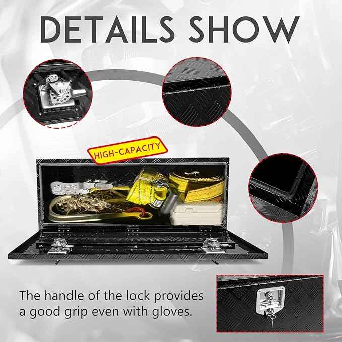 48 * 18 * 18 Aluminum Heavy Duty Diamond Plate ToolBox Chest Box Pick Up Truck Bed RV Trailer Toolbox Storage Organizer with T-Handle Latch Dual Lock Keys - Black