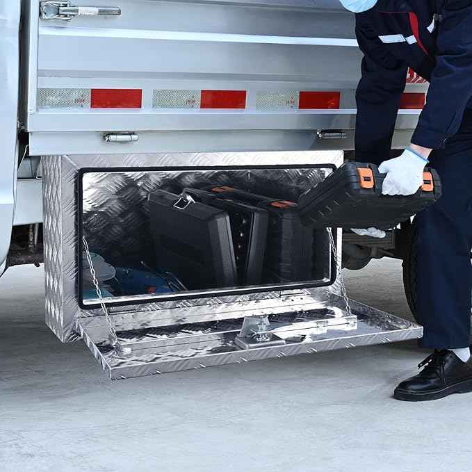 VEVOR Underbody Truck Box, 30"×17"×18" Pickup Storage Box, Heavy Duty Aluminum Diamond Plate Tool Box with Lock and Keys, Waterproof Trailer Storage Box with T-Handle Latch for Truck, Van, Trailer