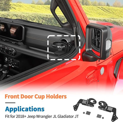 JeCar 2pcs Front Door Cup Holders for 2018-2024 2025 Up Jeep Wrangler JL JLU Gladiator JT (Driver & Passenger Side)