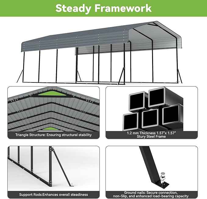 Heavy Duty Metal Carport, 13x26FT Carport Canopy with Galvanized Steel Roof and Reinforced Frame, 2 Support Rods, Outdoor Garage Car Shelter Shade for Cars, Boats and Truck, Party, Gray
