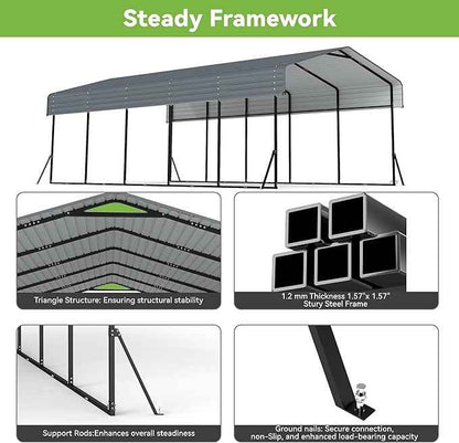 Heavy Duty Metal Carport, 13x26FT Carport Canopy with Galvanized Steel Roof and Reinforced Frame, 2 Support Rods, Outdoor Garage Car Shelter Shade for Cars, Boats and Truck, Party, Gray