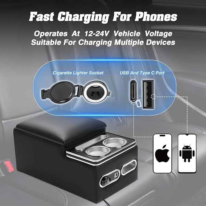 Upgraded Bench Seat Center Console with Extra Large Cup Holder & Phone Holder, Universal Center Console with USB Charging, Central Console for Bench Seat of Truck & Van & Car