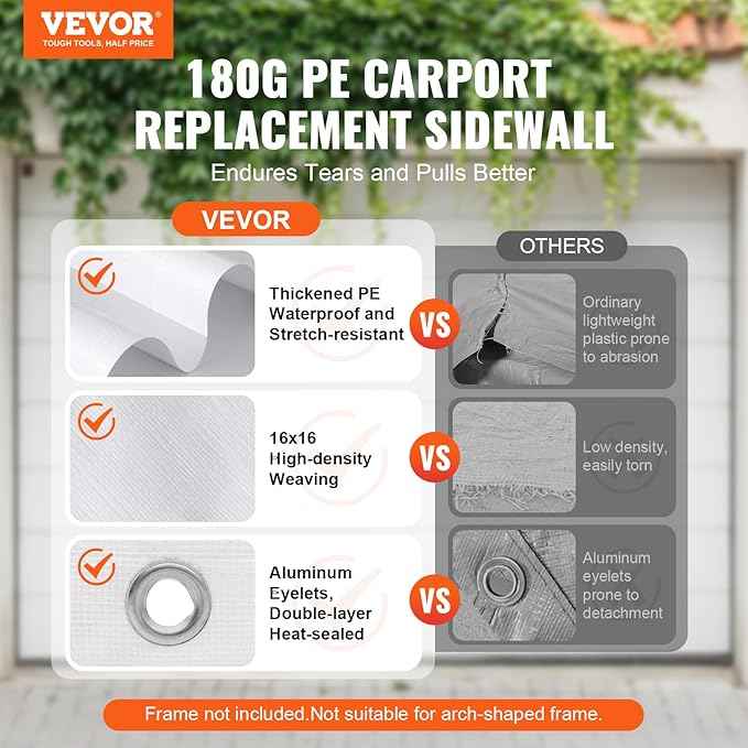 VEVOR Carport Replacement Canopy Cover Side Wall 10 x 20 ft, Garage Tent Shelter Tarp Heavy-Duty Waterproof & UV Protected, Easy Installation with Ball Bungees,White (Top and Frame Not Included)