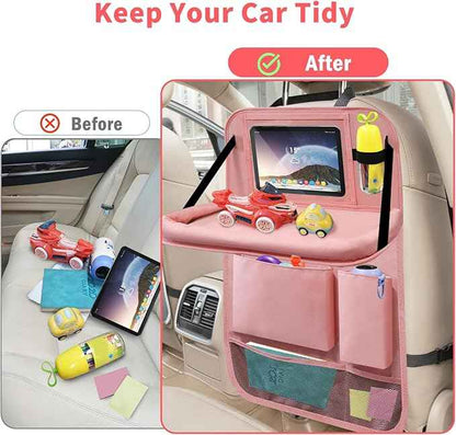 Car Backseat Organizer with Tray, Seat Back Table Holder with 6 Storage Pockets, Car Seat Back Protectors Kick Mats Travel Accessories, 2 Pack Pink