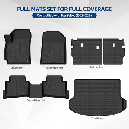 Custom Fit Floor Mats for Kia Seltos 2024 2025 2026, All Weather TPE Floor Liner & Trunk Mat & Backrest Protectors, Odorless Full Set Interior Accessories