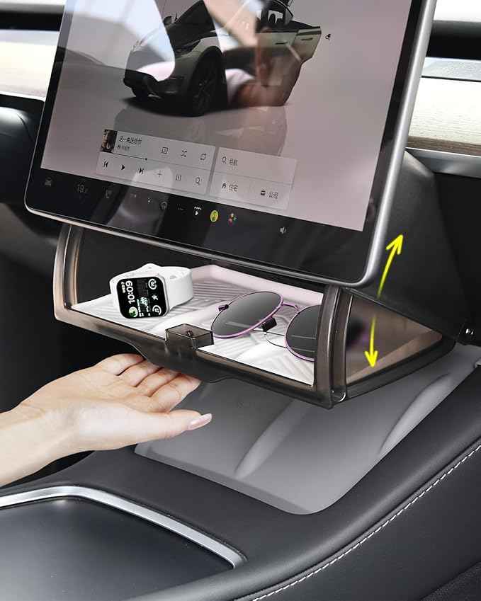 Under Screen Storage Organizer for Tesla Model Y Model 3 Accessories(include Juniper & Highland), Rattle-Free Push Latch Mechanism Perfect Fit, Tissue Dispenser, Hidden for Personal Valuables