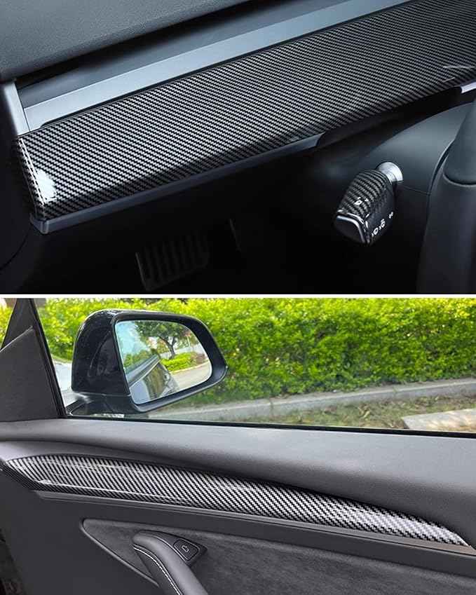 Glossy carbon fiber Dashboard Cover and Front Door Cover Compatible with Tesla Model 3（2021-2023） and Model y（2019-2024) (glossy carbon fiber)