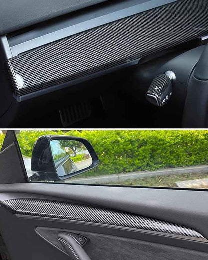 Glossy carbon fiber Dashboard Cover and Front Door Cover Compatible with Tesla Model 3（2021-2023） and Model y（2019-2024) (glossy carbon fiber)