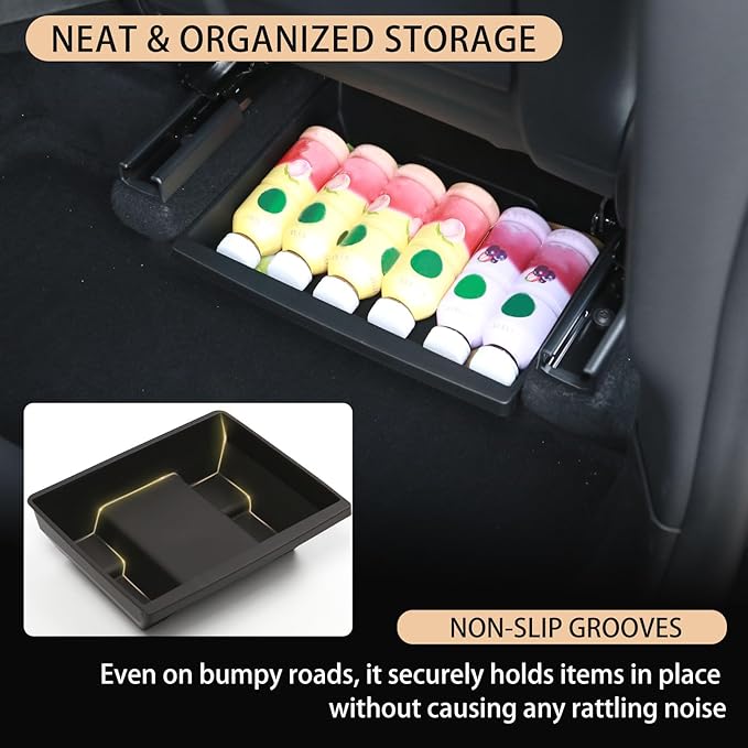 Under Seat Storage Box Organizer for Tesla Model Y Juniper 2025 2026 - Rear Row，Anti-Slip Hidden Underseat Organizer Tray with Lid Cover Storage Box for Model Y Juniper Interior Accessories (1 Pack）