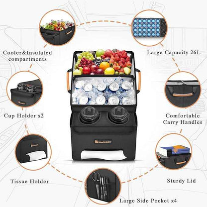 Car Seat Organizer-Car Organizers and Storage with Cooler Compartment, Car Organizer Front Back Seat for Kids, Car Storage Organizer with Lid Cup Holder Tissue Holder for Road Trips (Black)