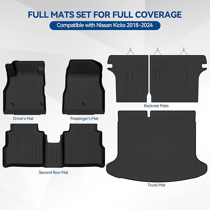 Custom Fit Floor Mats for Nissan Kicks 2018-2024, All Weather TPE Floor Liners with Trunk Mat & Backrest Protectors, Odorless Full Set Interior Accessories