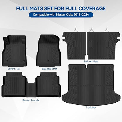 Custom Fit Floor Mats for Nissan Kicks 2018-2024, All Weather TPE Floor Liners with Trunk Mat & Backrest Protectors, Odorless Full Set Interior Accessories