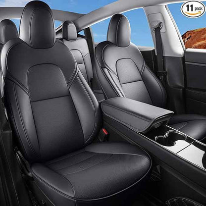 Tesla Model Y Car Seat Covers Nappa Leather Car Interior Seat Airbag Compatible Cushion Cover Full Set Custom Fit 2024 2023 2022 2021 2020, Nappa Black