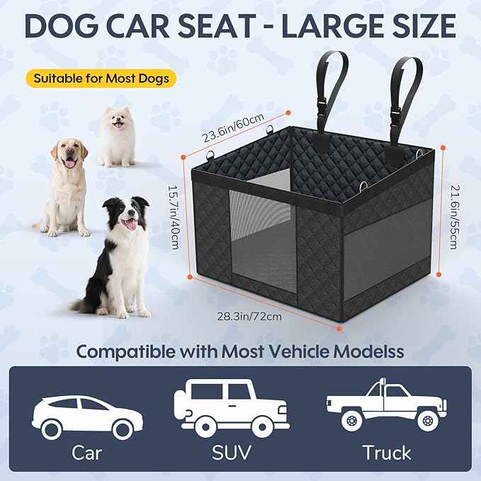 Large PU Dog Car Seat - Waterproof Dog Back Seat Cover with 3 Mesh Windows - Hard Bottom Extender, Safety Belt, Non-Slip Hammock for SUV, Truck, Car