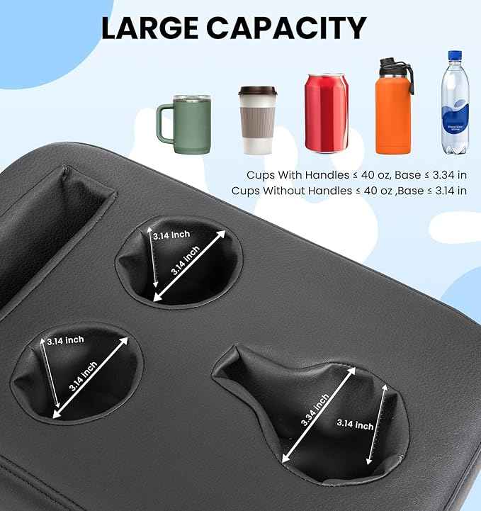 Back Seat Cup Holder for Car, PU Leather Couch Sofa Bed Boat Cup Holder Tray, Organizer for Trucks, Minivans, SUVs, RVs, Vehicles, Holds Drinks, Remote, Snacks, with Side Pockets