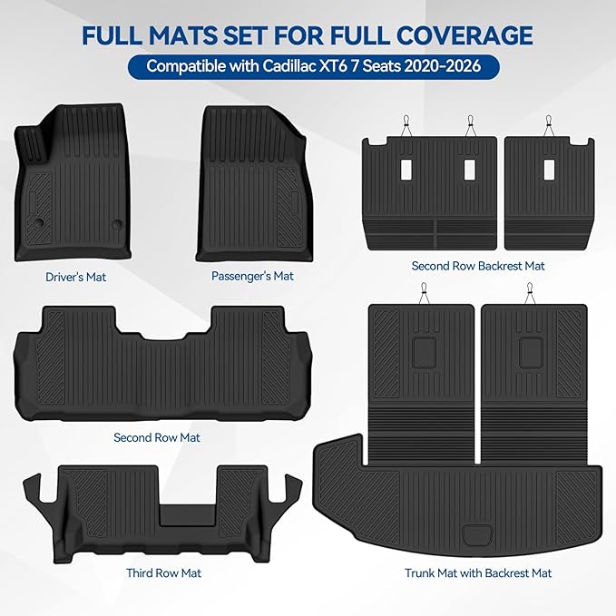 Custom Fit Floor Mats for Cadillac XT6 7 Seats/Bench Seats 2020-2026, All Weather TPE Floor Liners & Trunk Mat with Backrest Mats & 2nd Row Backrest Protectors, Full Set Interior Accessories