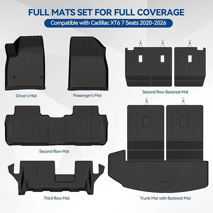 Custom Fit Floor Mats for Cadillac XT6 7 Seats/Bench Seats 2020-2026, All Weather TPE Floor Liners & Trunk Mat with Backrest Mats & 2nd Row Backrest Protectors, Full Set Interior Accessories