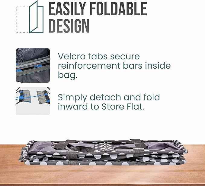 Extra Large Utility Tote Bag - Oversized Collapsible Reusable Wire Frame Rectangular Canvas Basket With Two Exterior Pockets For Beach, Pool, Laundry, Car Trunk, Storage - White Polka Dot