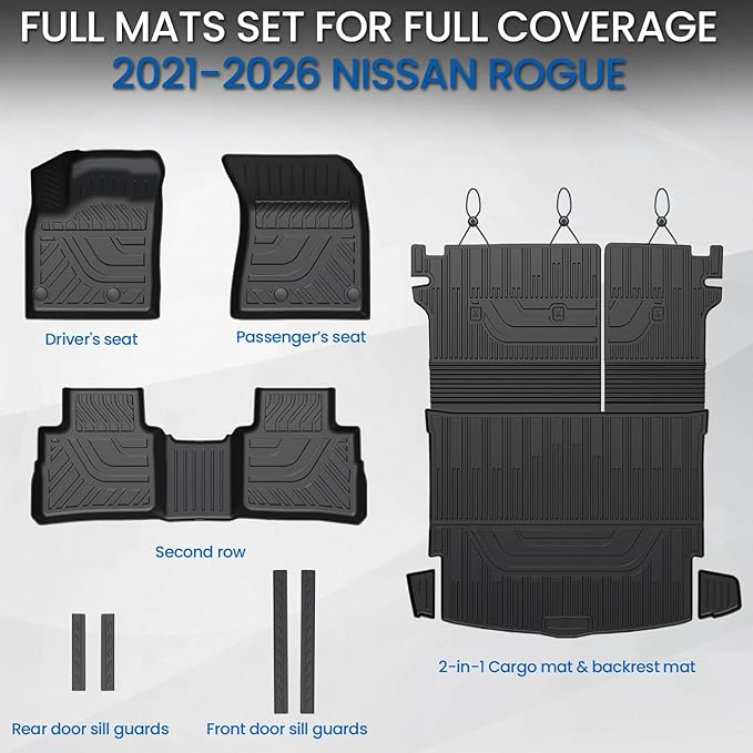 Floor Mats Set for Nissan Rogue 2021-2025 2026 (Not fit Sport), All Weather TPE Backrest Mat Trunk Mat Cargo Liner Door Sill Guards Accessories (2021-2026 | Floor Mats Set)