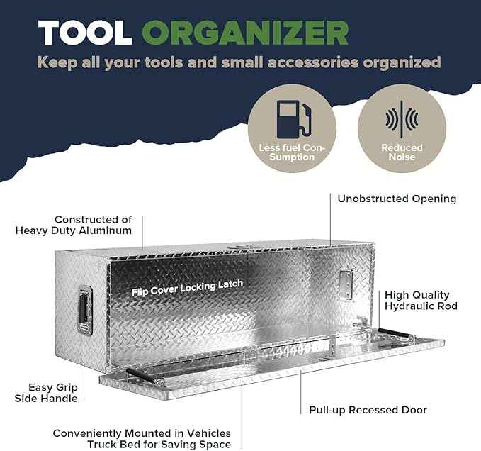 ARKSEN 49 x 15 x 15 Inch Diamond Plate Truck Bed Tool Box, Heavy Duty Waterproof Aluminum Toolboxes Storage Chest with Side Handle & Lock for Pickup Truck Bed, RV & Trailer Silver